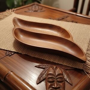 Vintage Leilani Monkey Pod Wood Divided Dish - Mid Century Hand Crafted Tiki